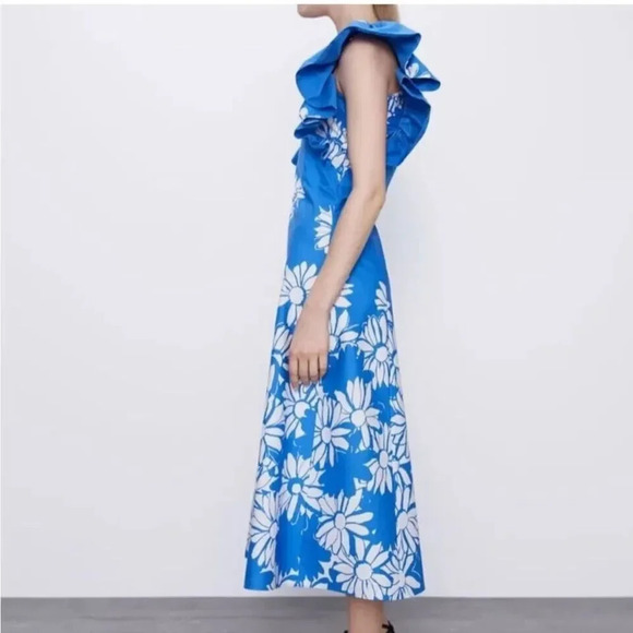 ZARA Daisy Floral Statement Ruffle Sleeve Midi Dress Size XS Sweetheart Neck - Picture 3 of 16